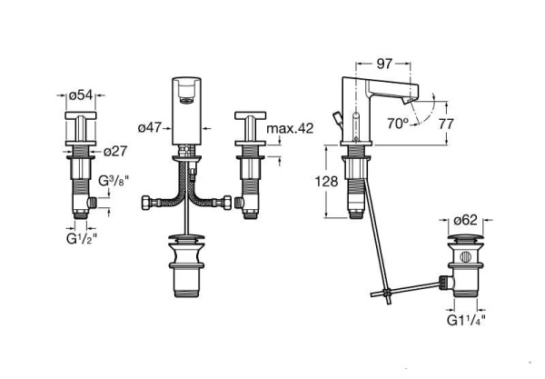 Смеситель для раковины на три отверстия с донным клапаном Roca Moai A5A4446C00