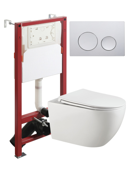 Комплект унитаза с инсталляцией безободковый Agger ATI12150+APB100 кнопка смыва хром