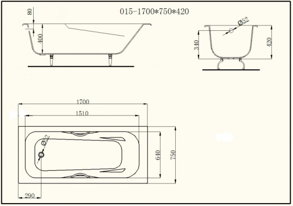 Чугунная ванна Byon (180 x 80) с ручками Ц0000139