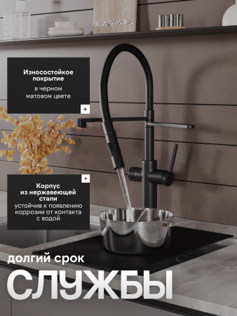 Смеситель для кухни однорычажный с каналом для питьевой воды и гибким изливом Agger Elegant A3252544 черный матовый