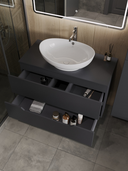 Тумба с раковиной подвесная 100 см, Orange Line Li-100TugMDF+B08-585W графит/белый