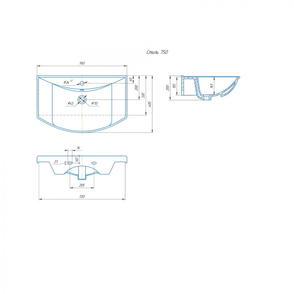 Раковина полувстраиваемая (76х48) СаНта    Стиль75
