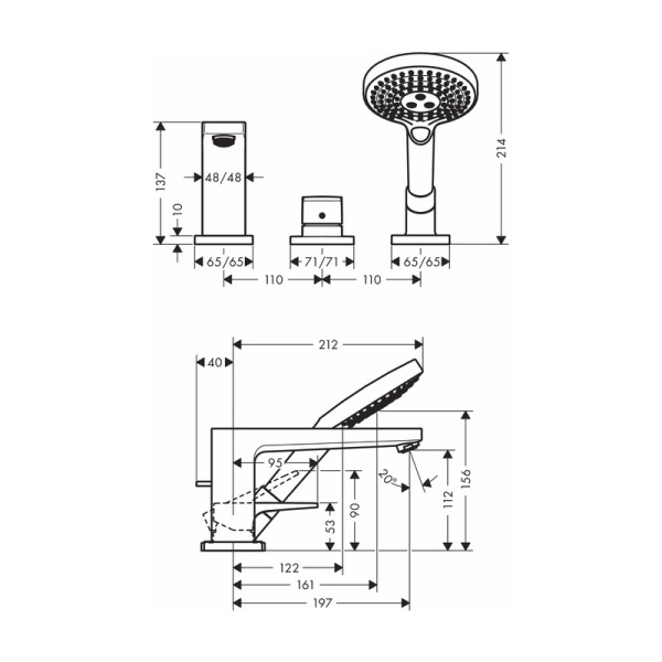Смеситель на борт ванны 3 отвесртия Hansgrohe Metropol Secuflex 32550000 хром