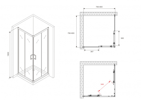 Душевой уголок (80х80) ABBER Schwarzer Diamant AG020805 хром