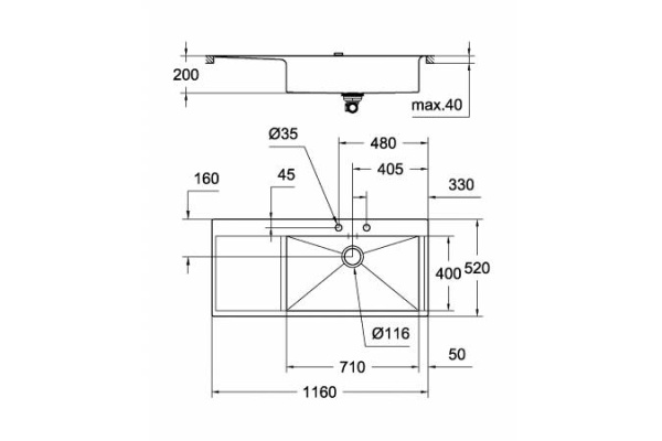Мойка из нержавеющей стали с корзинчатым вентилем расположение основной чаши справа GROHE K1000  80-S 31582SD1