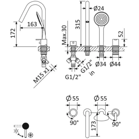 Смеситель на борт ванны Cezares Leaf  LEAF-BVDM4-L-SR