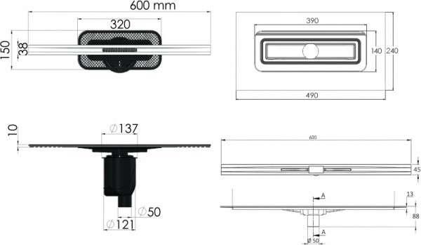 Душевой лоток хром матовый Berges Wasserhaus SIMPEL 600 (в пол) 090011