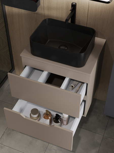 Тумба с раковиной подвесная 60 см, Orange Line Li-60TuLMDF+B02-460MB латте/черный