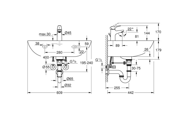 Раковина подвесная со смесителем (60x45) Grohe Bau Ceramic 39644 000 (39644000)