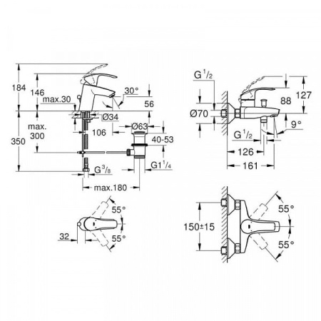Комплект смесителей (3 в 1) Grohe Eurosmart New 124446