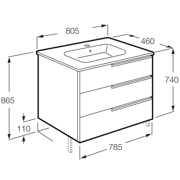 Тумба под раковину Roca Victoria Nord Black Edition 80 3 ящика ZRU9302833