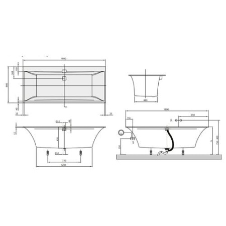 Ванна акриловая 180x80, бел/хром Villeroy&Boch Squaro Edge 12 UCC180SQE2A1V-01