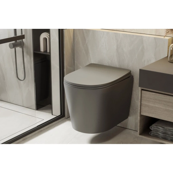 Унитаз ABBER Bequem AC1102TMG подвесной серый матовый, безободковый, смыв торнадо