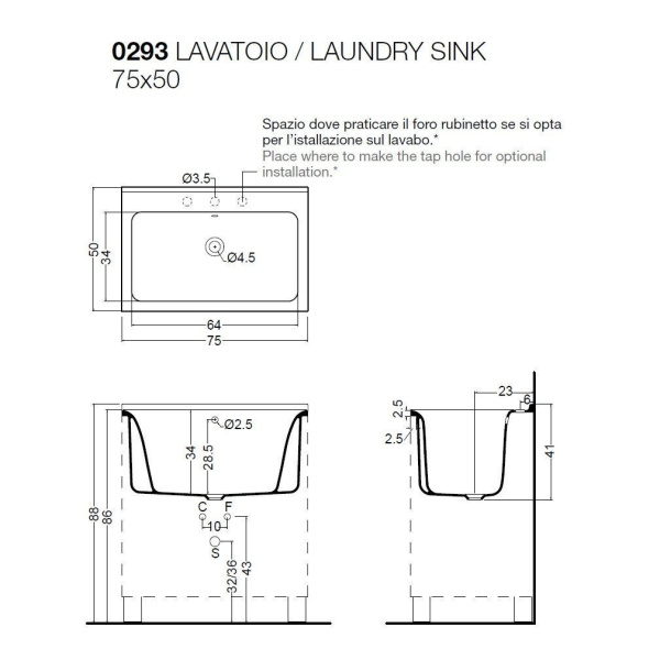 Хозяйственная раковина (75х50) Kerasan Aquadom 029301*0 без отверстия, белый