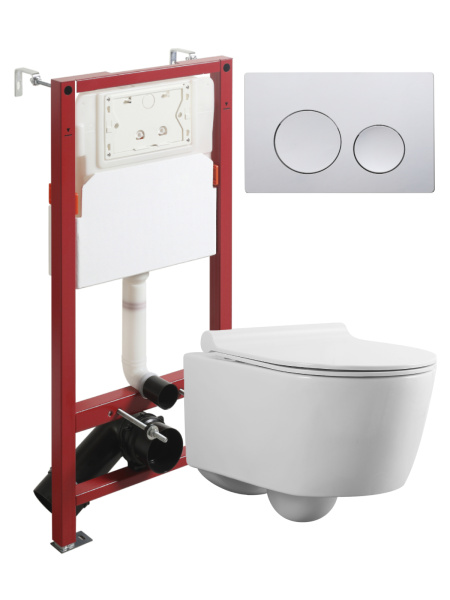 Комплект унитаза с инсталляцией безободковый Agger ATI05100+APB100 кнопка смыва хром