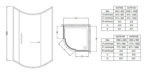 Душевой уголок Jacob Delafon Torsion четверть круга, 90*90*195 см E87R90-GA