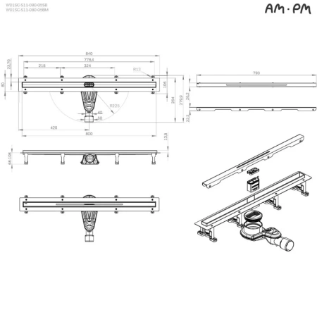 Душевой лоток с щелевой вставкой 80 см Am.Pm MasterFlow W01SC-S11-080-05BM черный матовый