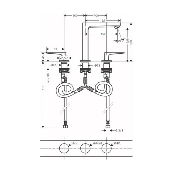 Смеситель для раковины на 3 отверстия с донным клапаном Push-Open Hansgrohe Metropol 32515340 шлифованный черный хром
