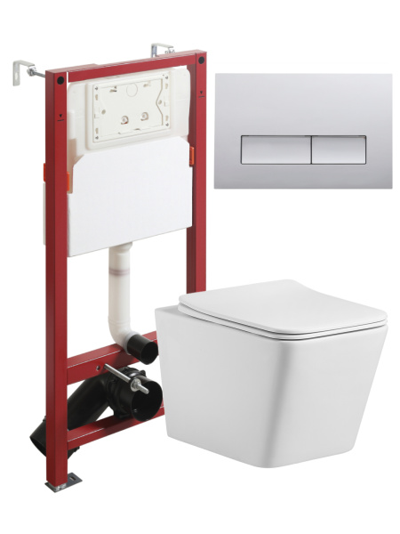 Комплект унитаза с инсталляцией безободковый  Agger ATI10150+APB200 кнопка смыва хром