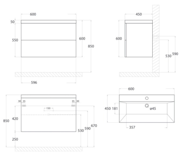 База под раковину подвесная Art&Max AM-Verona-Push-600-2C-SO-GP-TS Гаскон Пайн