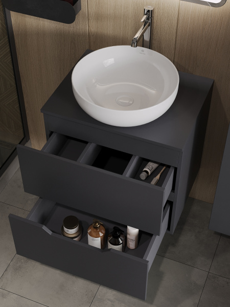 Тумба с раковиной подвесная 60 см, Orange Line Li-60TugMDF+B07-420W графит/белый