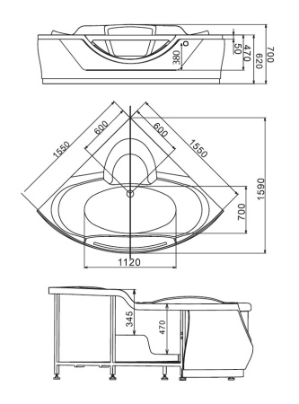 Акриловая ванна (155х155) Gemy G9025 II C с гидромассажем, универсальная