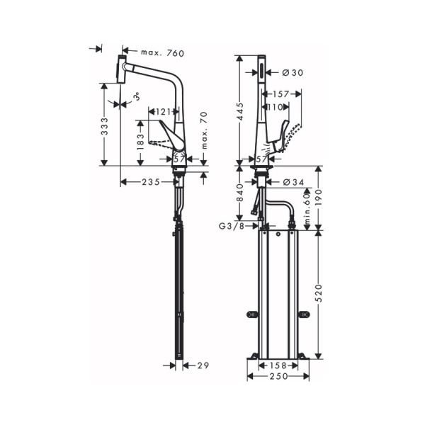 Смеситель для кухни с выдвижным изливом Hansgrohe Metris Select M71 2jet 73816800 нержавеющая сталь