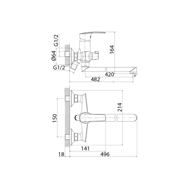Смеситель для ванны IDDIS Ray с длинным изливом и керамическим дивертором (RAYSBL2i10WA)
