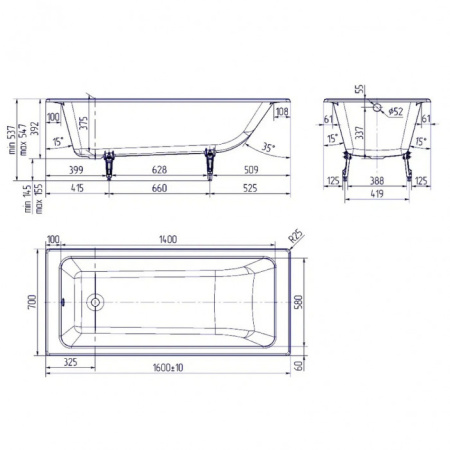 Ванна чугунная (160х70) Delice Parallel DLR220504RB с отверстиями под ручки
