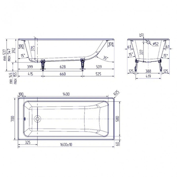 Ванна чугунная (160х70) Delice Parallel DLR220504RB-AS с отверстиями под ручки Ванна чугунная (160х70) Delice Parallel DLR220504RB-AS с отверстиями под ручки