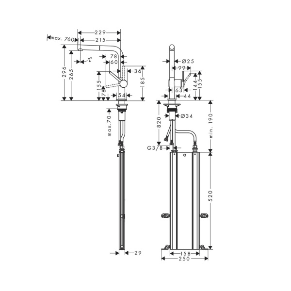 Смеситель для кухни с выдвижным изливом sBox Hansgrohe Talis M54 1jet 72809340 шлифованный черный хром