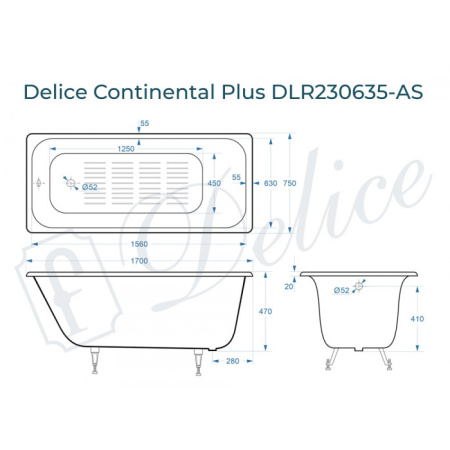 Ванна чугунная (170х75) Delice Continental PLUS DLR230635-AS с антискользящим покрытием