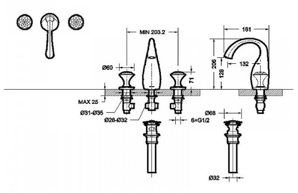 Встраиваемый смеситель на 3 отверстия Bravat Swan F24287G-ENG Встраиваемый смеситель на 3 отверстия Bravat Swan F24287G-ENG