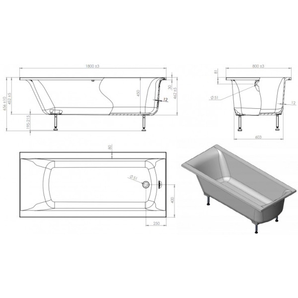 Ванна из искусственного камня (180x80) Astra-Form Нью-Форм  01010008 белый глянец