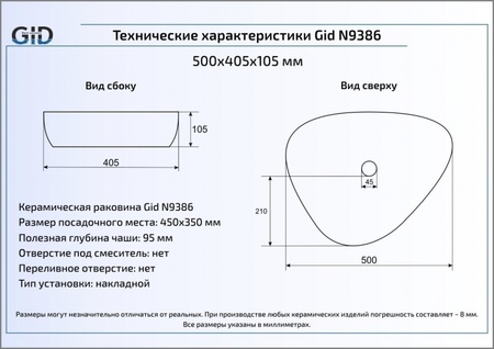 Раковина накладная (50х40) Gid N9386