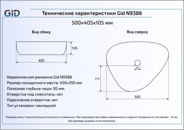Раковина накладная (50х40) Gid N9386