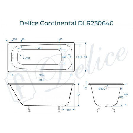 Ванна чугунная (120х70) Delice Continental DLR230640 без ножек и антискользящего покрытия