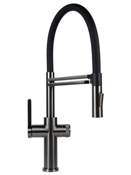 Смеситель для кухни однорычажный с каналом для питьевой воды и гибким изливом Agger Elegant A3252555 оружейная сталь матовая