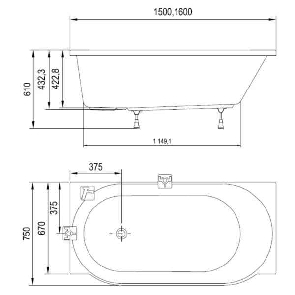 Акриловая ванна (160x75) Ravak ARC  CE91000000 правая