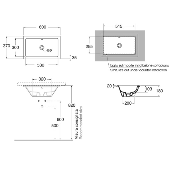 Раковина встраиваемая под столешницу (60[37) Azzurra Built-In DULT06037T00BI