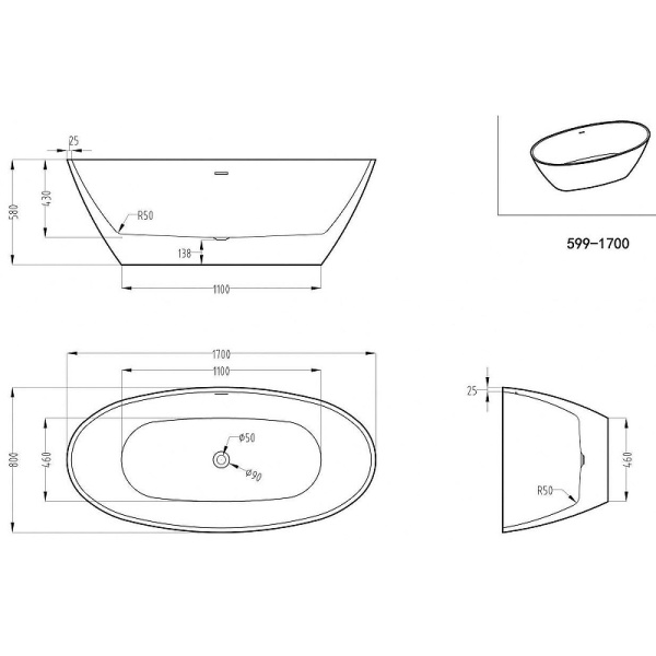 Акриловая ванна (170х80) Art&Max AM-599-1700-800 белый