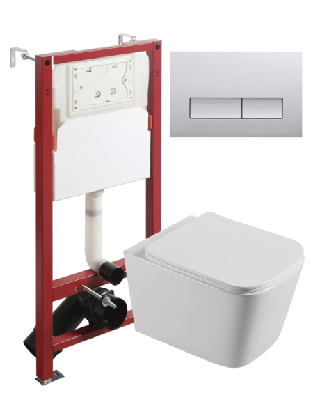 Комплект унитаза с инсталляцией безободковый Agger ATI04100+APB200 кнопка смыва хром