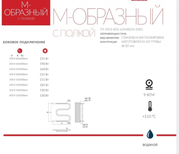 Полотенцесушители водяные М-образные с полкой (400/632/600) Terminus 32 ПС с полкой Полотенцесушители водяные М-образные с полкой (400/632/600) Terminus 32 ПС с полкой