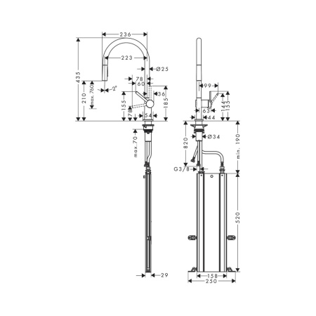 Смеситель для кухни с выдвижным изливом sBox Hansgrohe Talis M54 2jet 72801340 шлифованный черный хром