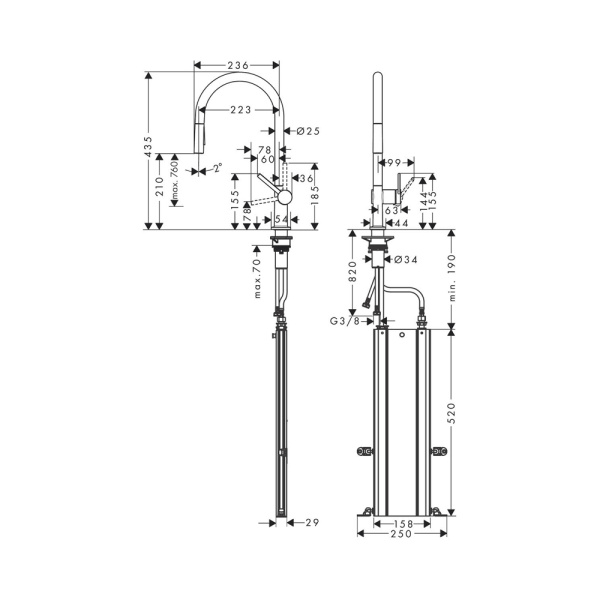 Смеситель для кухни с выдвижным изливом sBox Hansgrohe Talis M54 2jet 72801340 шлифованный черный хром