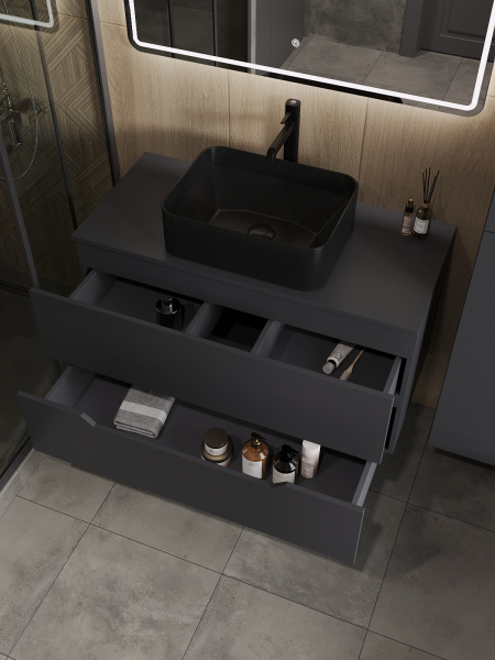 Тумба с раковиной подвесная 100 см, Orange Line Li-100TugMDF+B02-460MB графит/черный