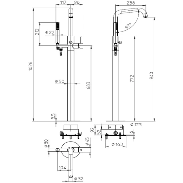 Смеситель для ванны напольный Bossini Teo Z00751.043 брашированное золото