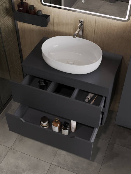 Тумба с раковиной подвесная 80 см, Orange Line Li-80TugMDF+B05-520W графит/белый