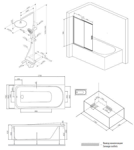 Ванна акриловая W80ASET-170SL Am.Pm Like 170x70 с каркасом и шторкой на б/в W80S-100PS-150MT  Like F0780700