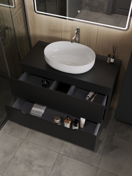 Тумба с раковиной подвесная 100 см, Orange Line Li-100TubMDF+B05-520W черный/белый